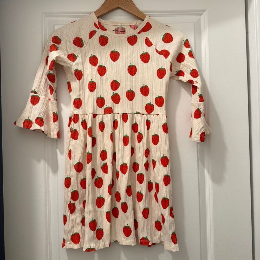 Mini Rodini strawberries allover p trumpet sleeve dress size 9-11 yrs